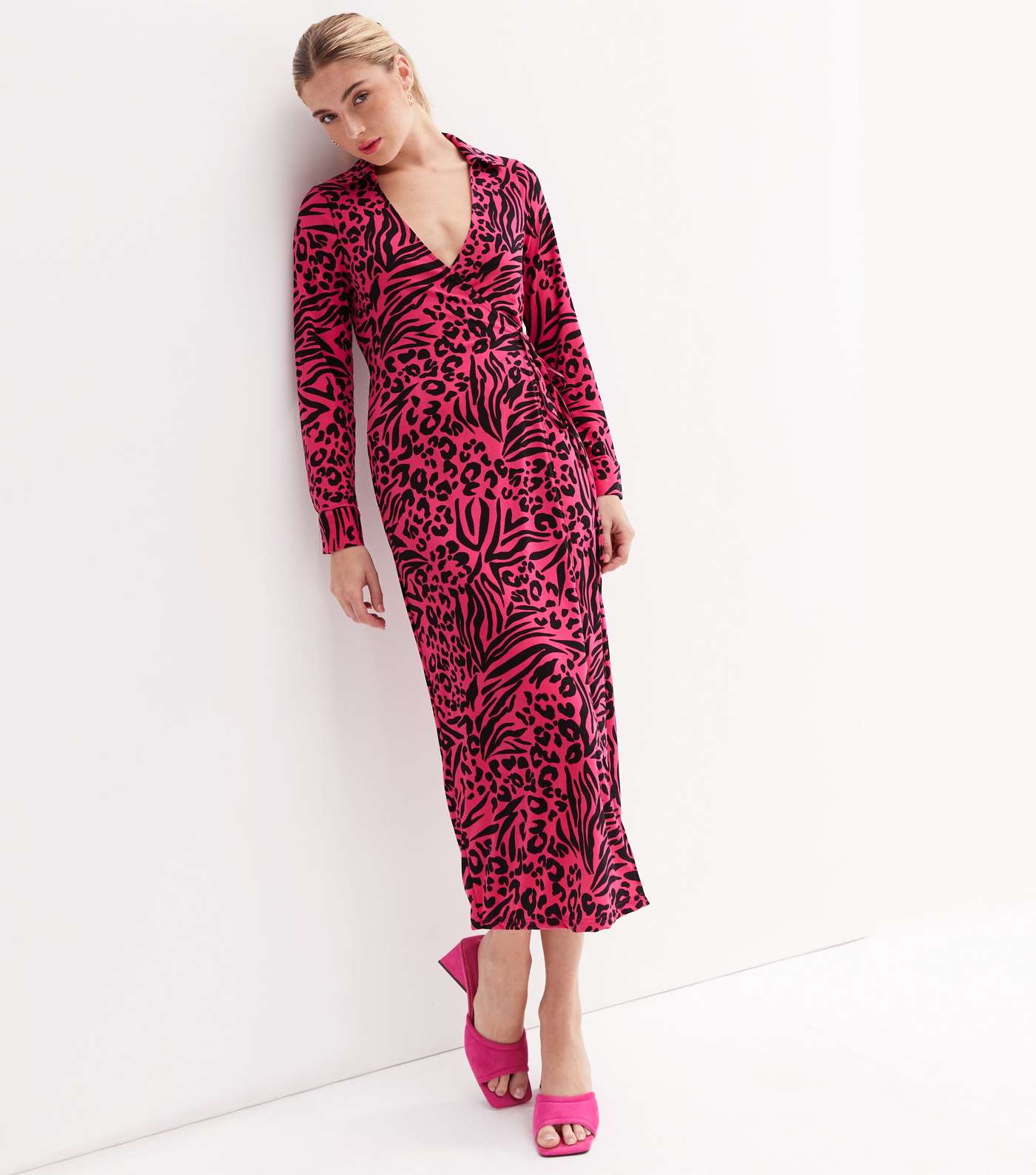 Pink Animal Print Collared Midi Wrap Dress Image 3