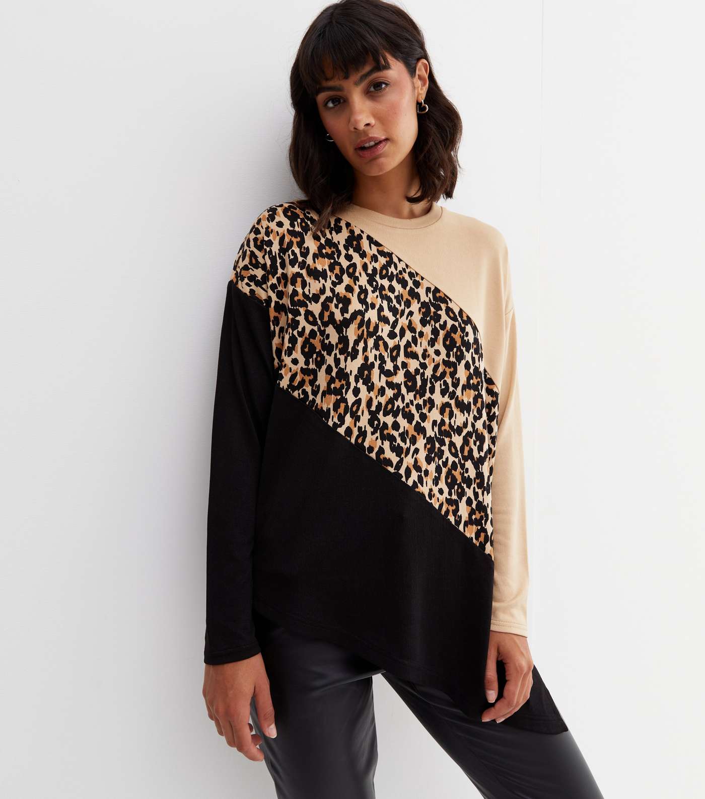 Brown Leopard Print Colour Block Fine Knit Jumper