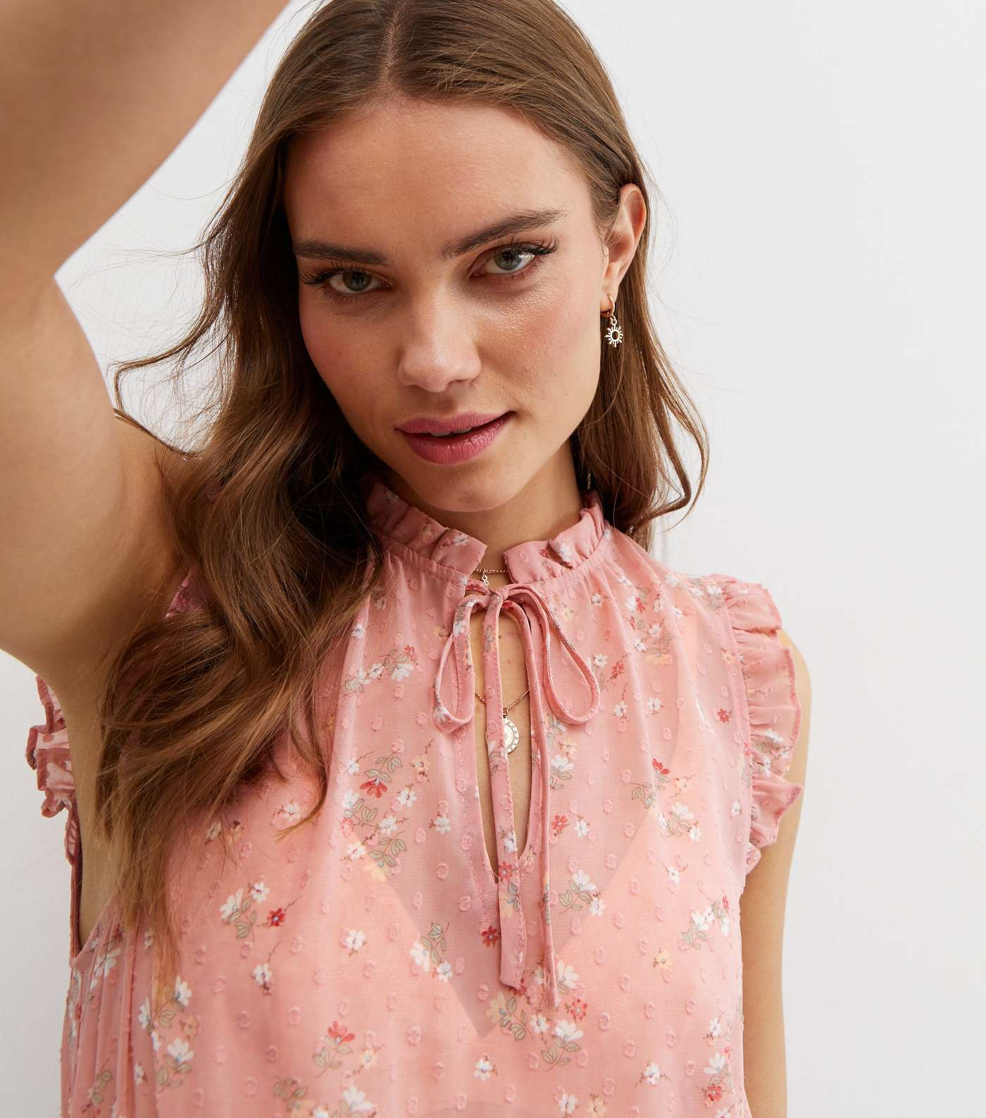 Pink Ditsy Floral Flocked Chiffon Frill Top