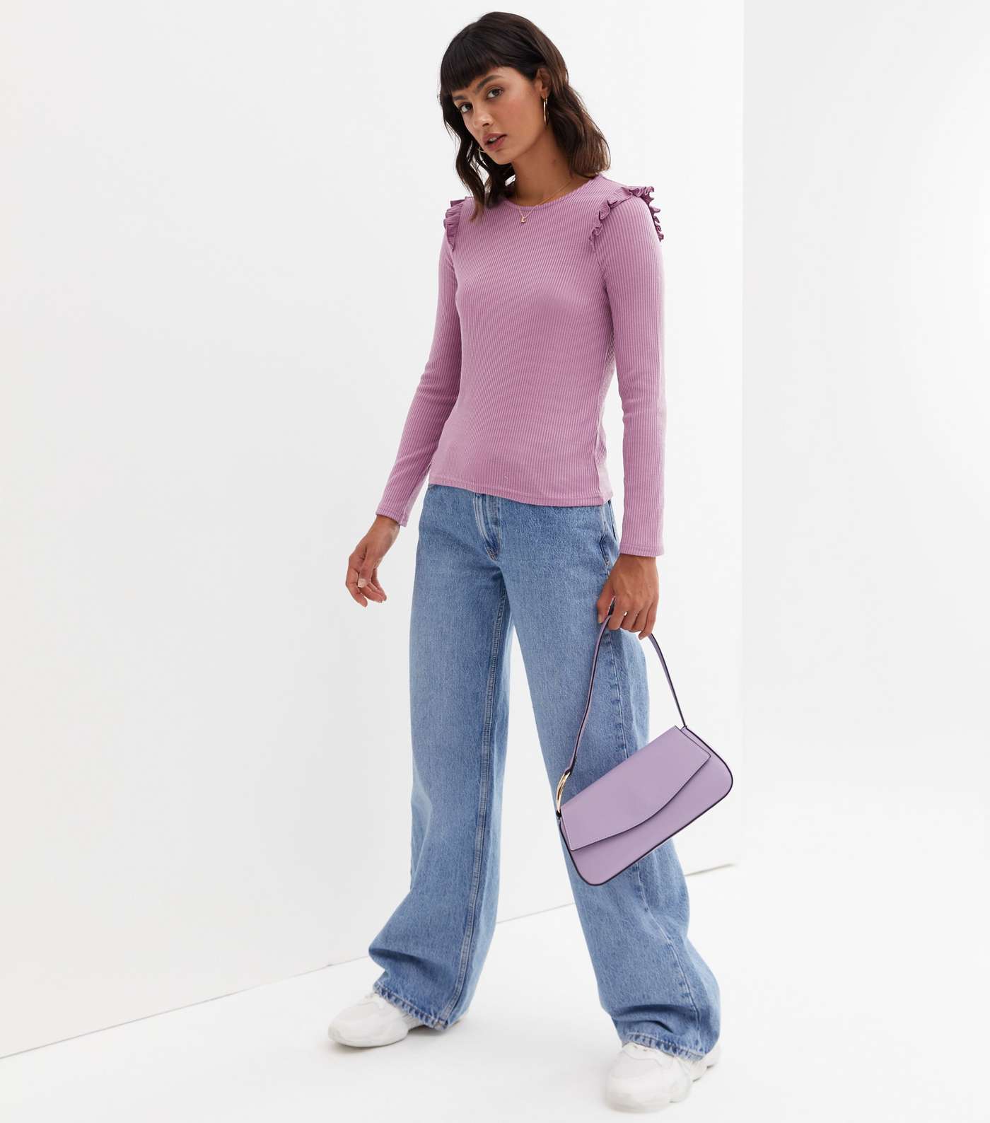 Light Purple Ribbed Knit Frill Long Sleeve Top Image 2