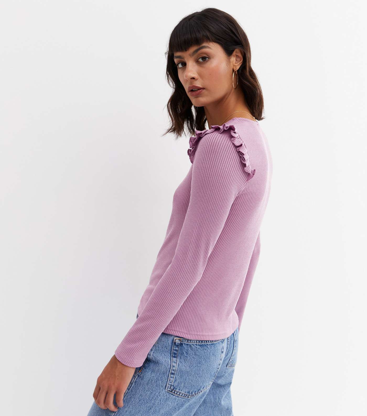 Light Purple Ribbed Knit Frill Long Sleeve Top Image 4