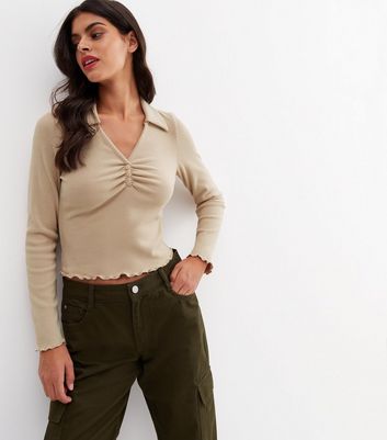 Stone Fine Knit Ruched Front Collared 