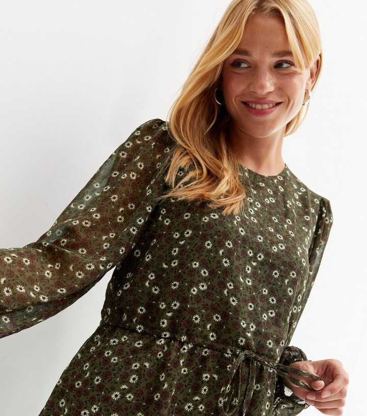 Green Floral Chiffon Long Puff Sleeve Tiered Mini Dress | New Look