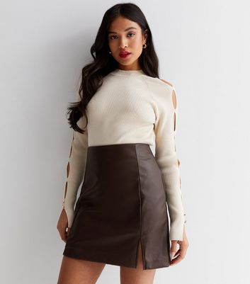 Petite Dark Brown Leather Look High Waist Skirt New Look