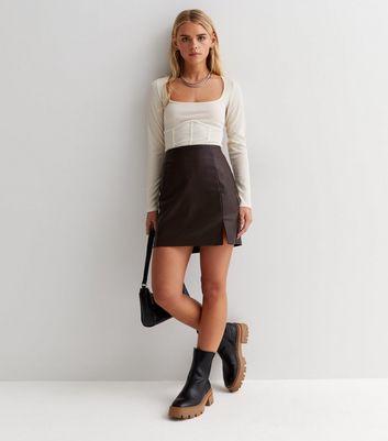 Petite Brown Leather-Look High Waist Skirt