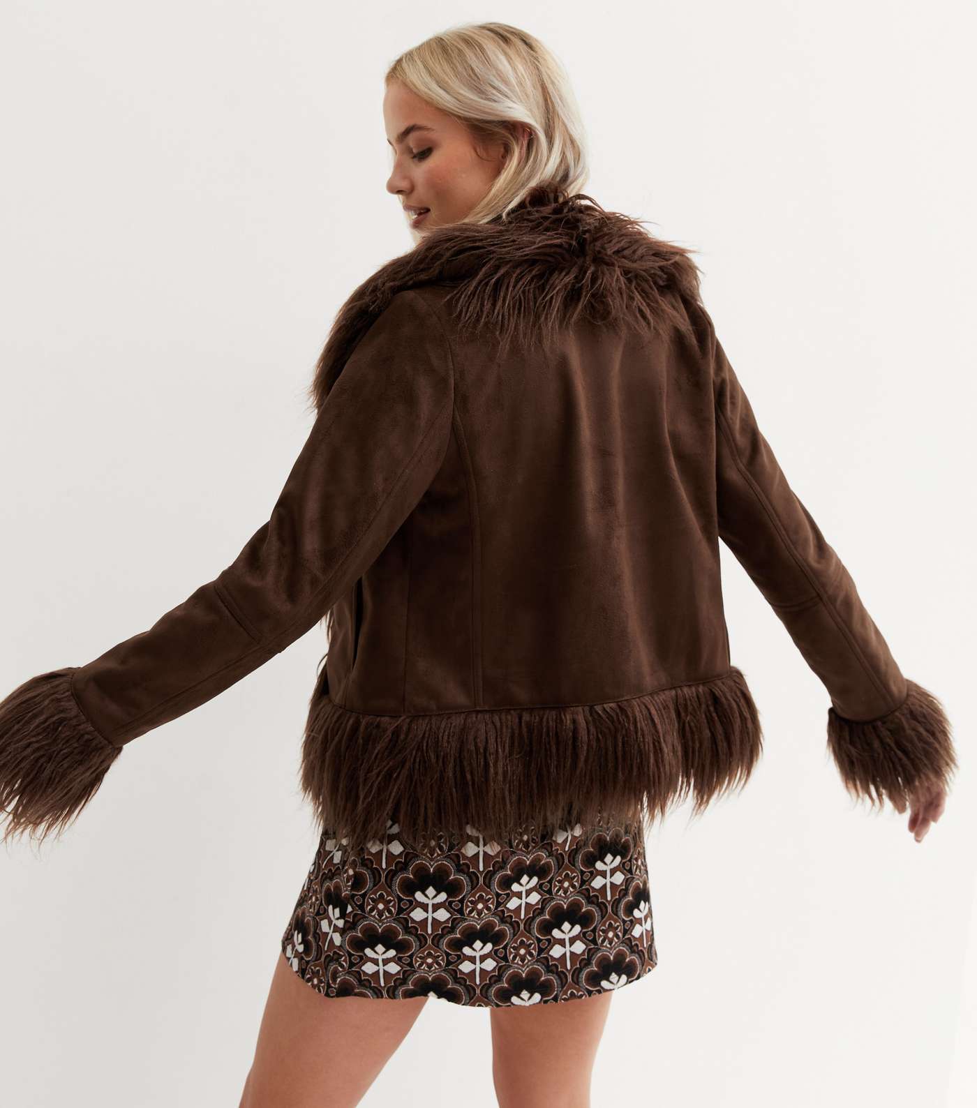 Dark Brown Suedette Faux Fur Trim Coat Image 4