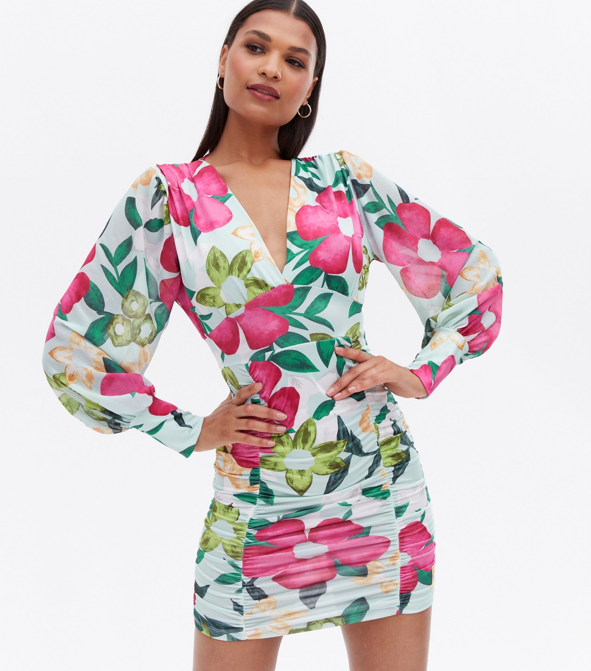 Women's Green Floral Ruched Bodycon Mini Dress Parisian New Look