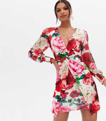 Parisian Red Floral Twist Front Mini Dress
