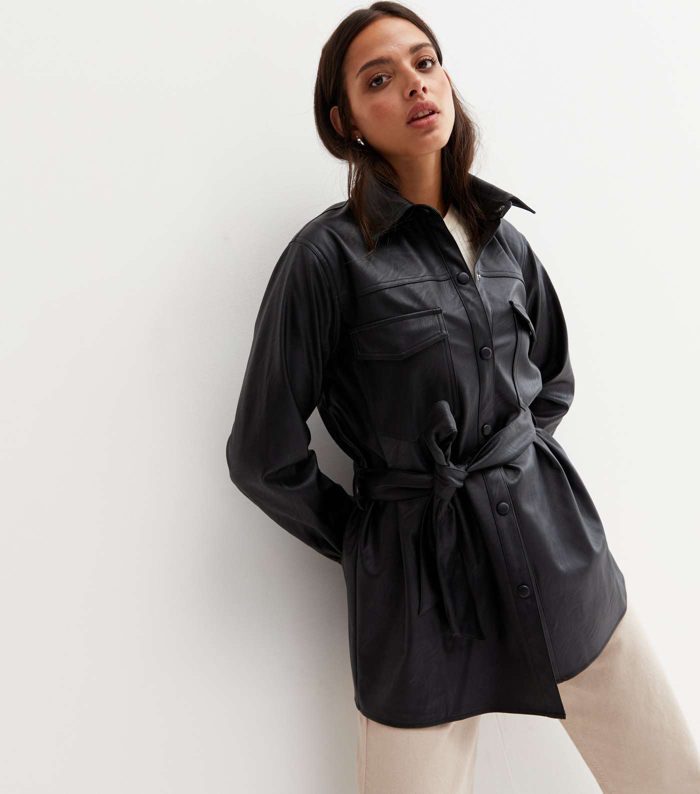 Black Leather-Look Belted Shacket