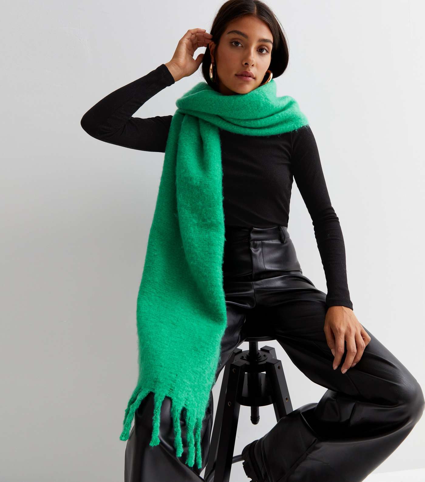 Green Knit Long Tassel Scarf