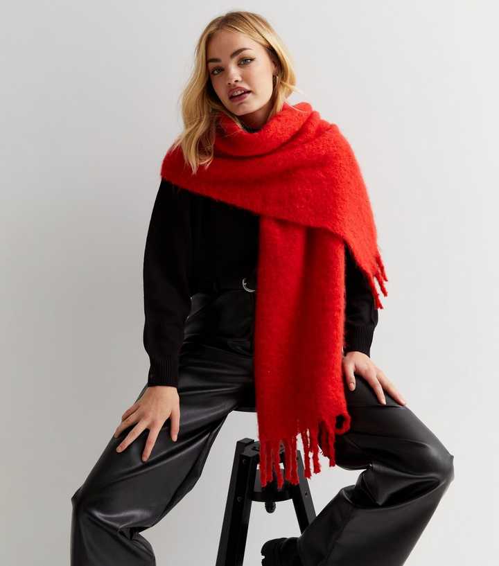 Red Knit Long Tassel Scarf