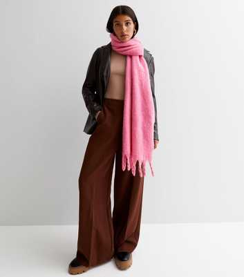 Bright Pink Knit Long Tassel Scarf