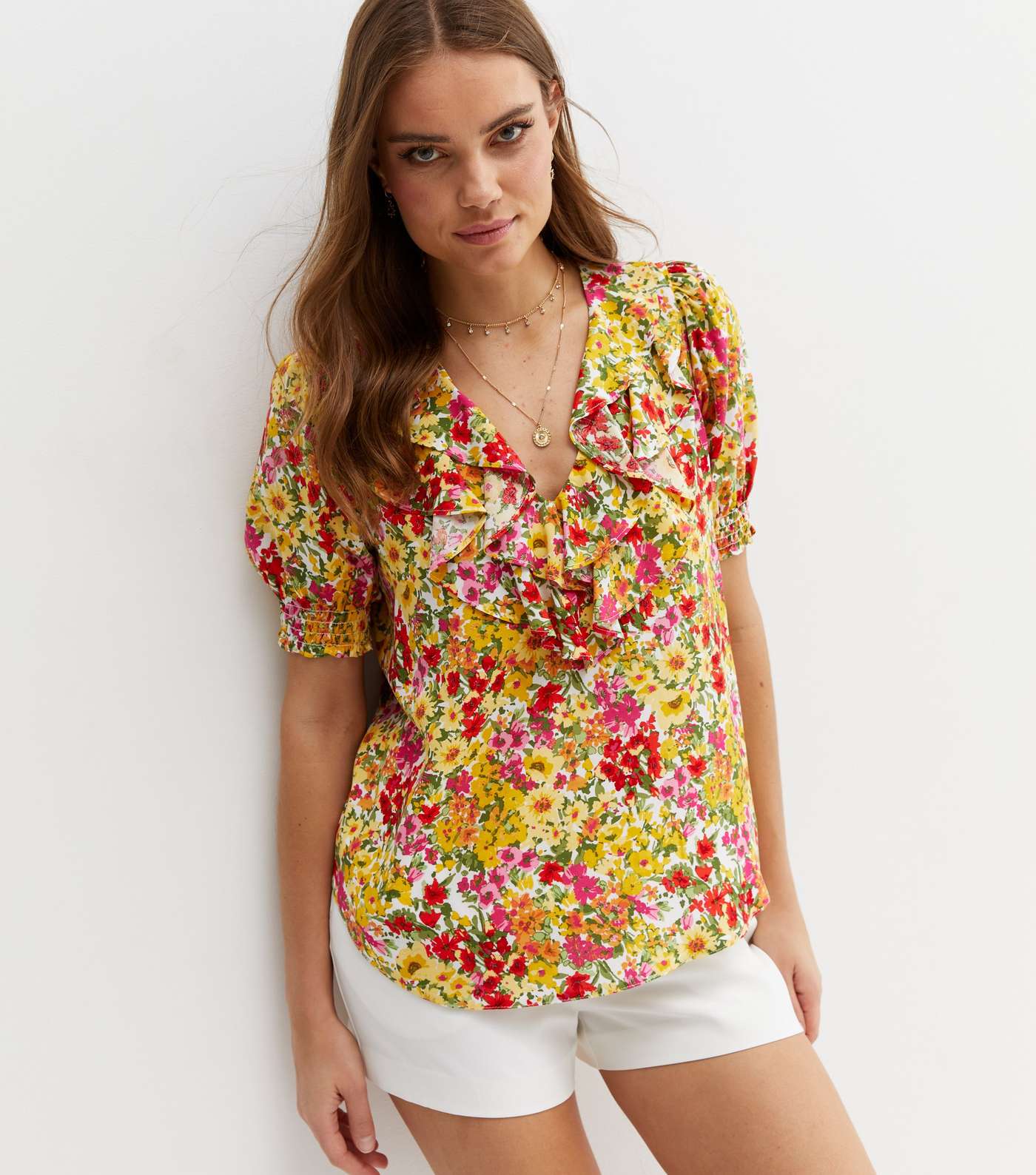 Yellow Floral Ruffle V Neck Short Sleeve Blouse