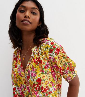 Yellow Floral V Neck Puff Sleeve Blouse 