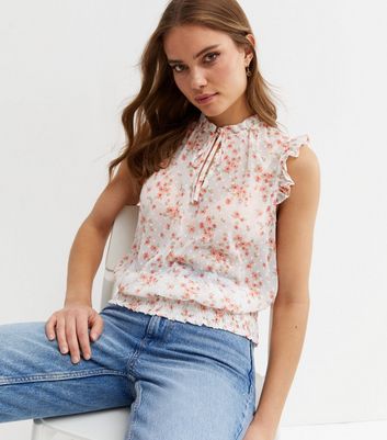 White Ditsy Floral Flocked Chiffon Top 