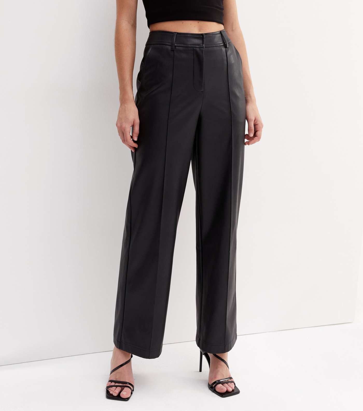 Black Leather-Look Wide Leg Trousers Image 2