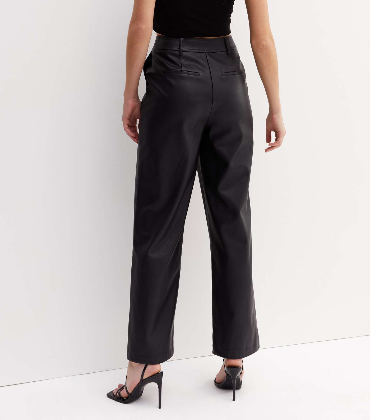 Black Leather-Look Wide Leg Trousers Image 4