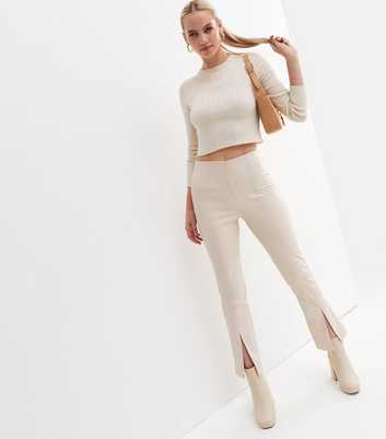 Cream Leather-Look Split Hem Trousers