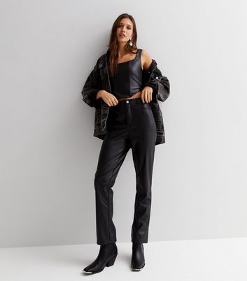 Black Leather-Look Wide Leg Utility Trousers