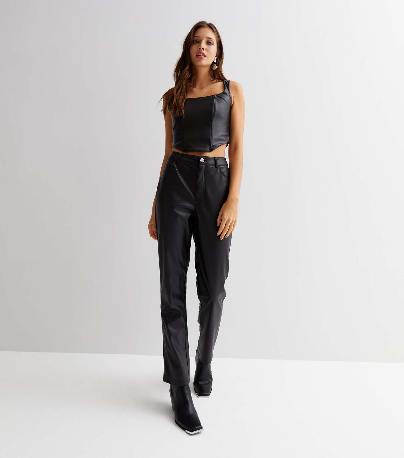 Black Leather-Look Wide Leg Utility Trousers Image 2