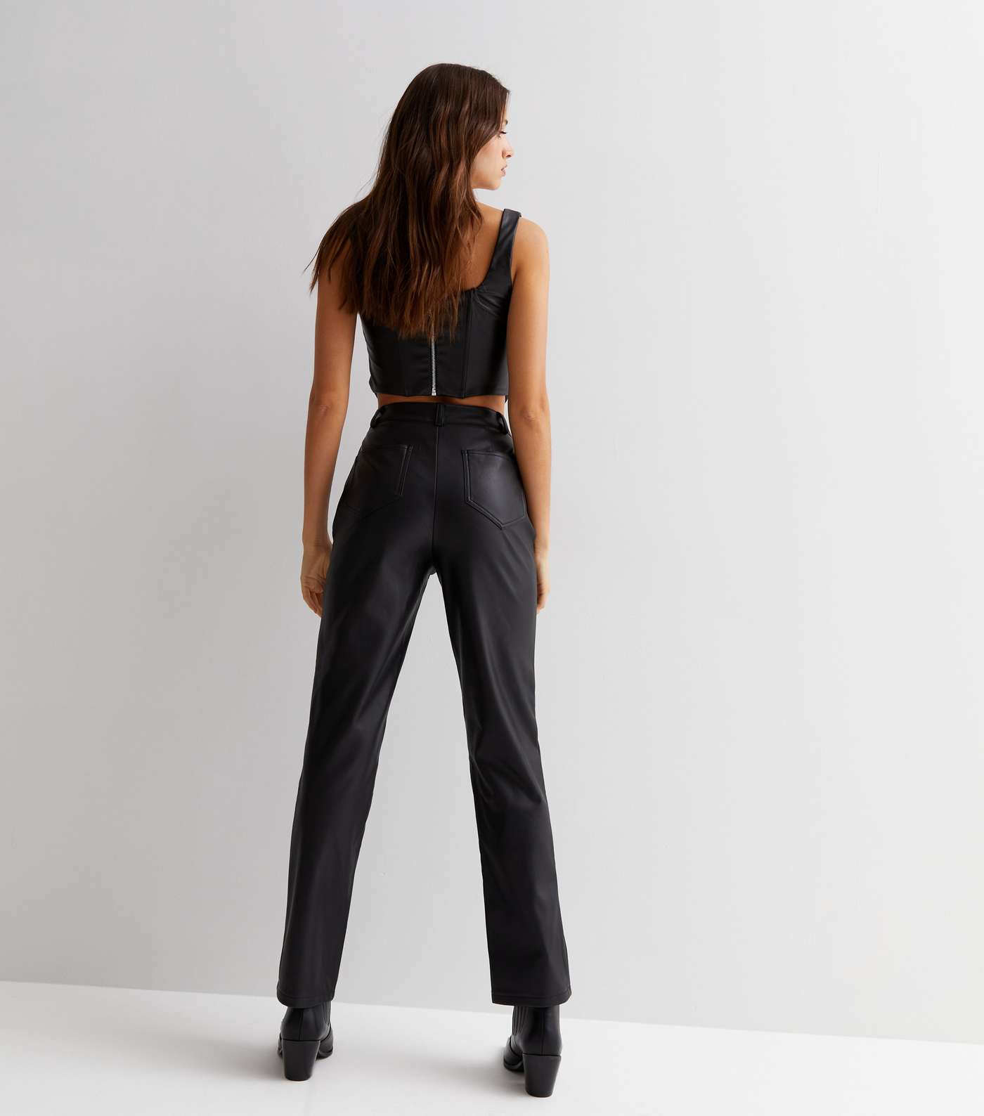 Black Leather-Look Wide Leg Utility Trousers Image 4