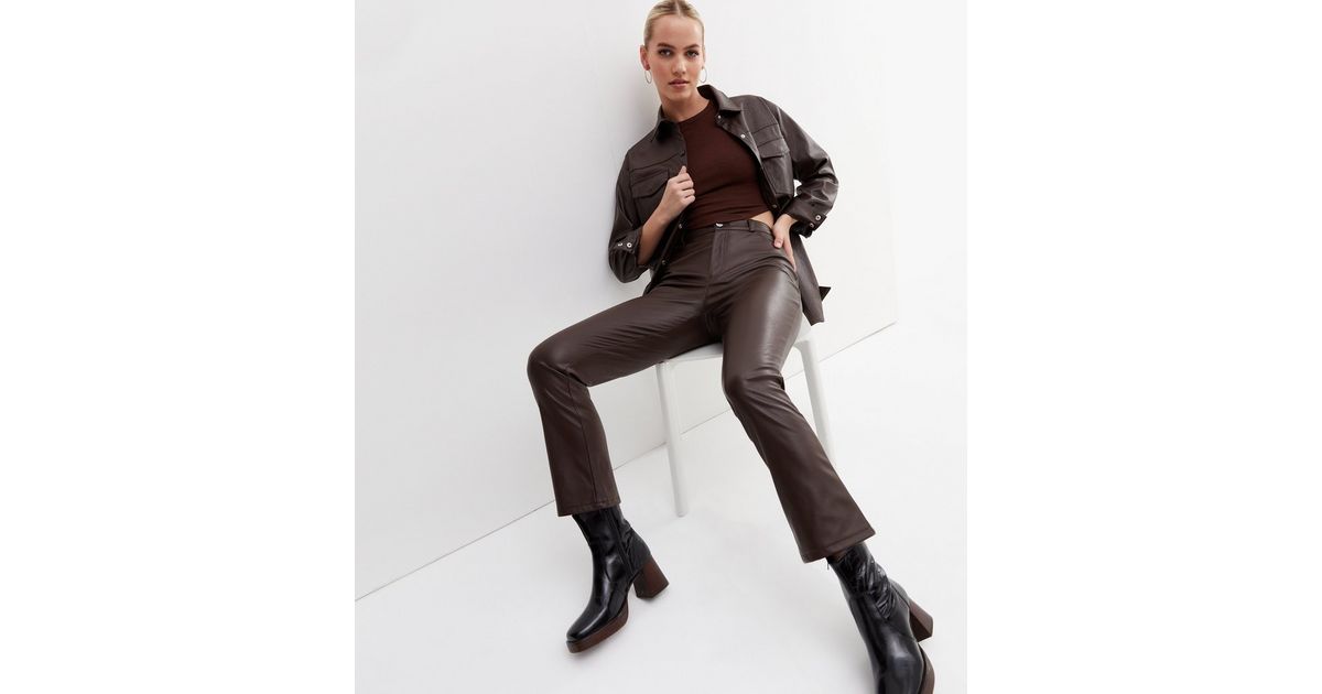 Dark Brown Leather-Look Trousers | New Look