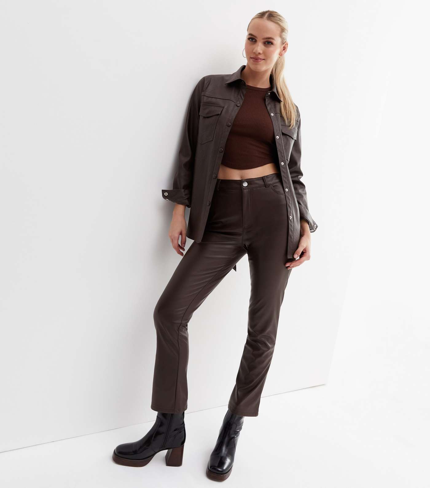 Dark Brown Leather-Look Trousers Image 2