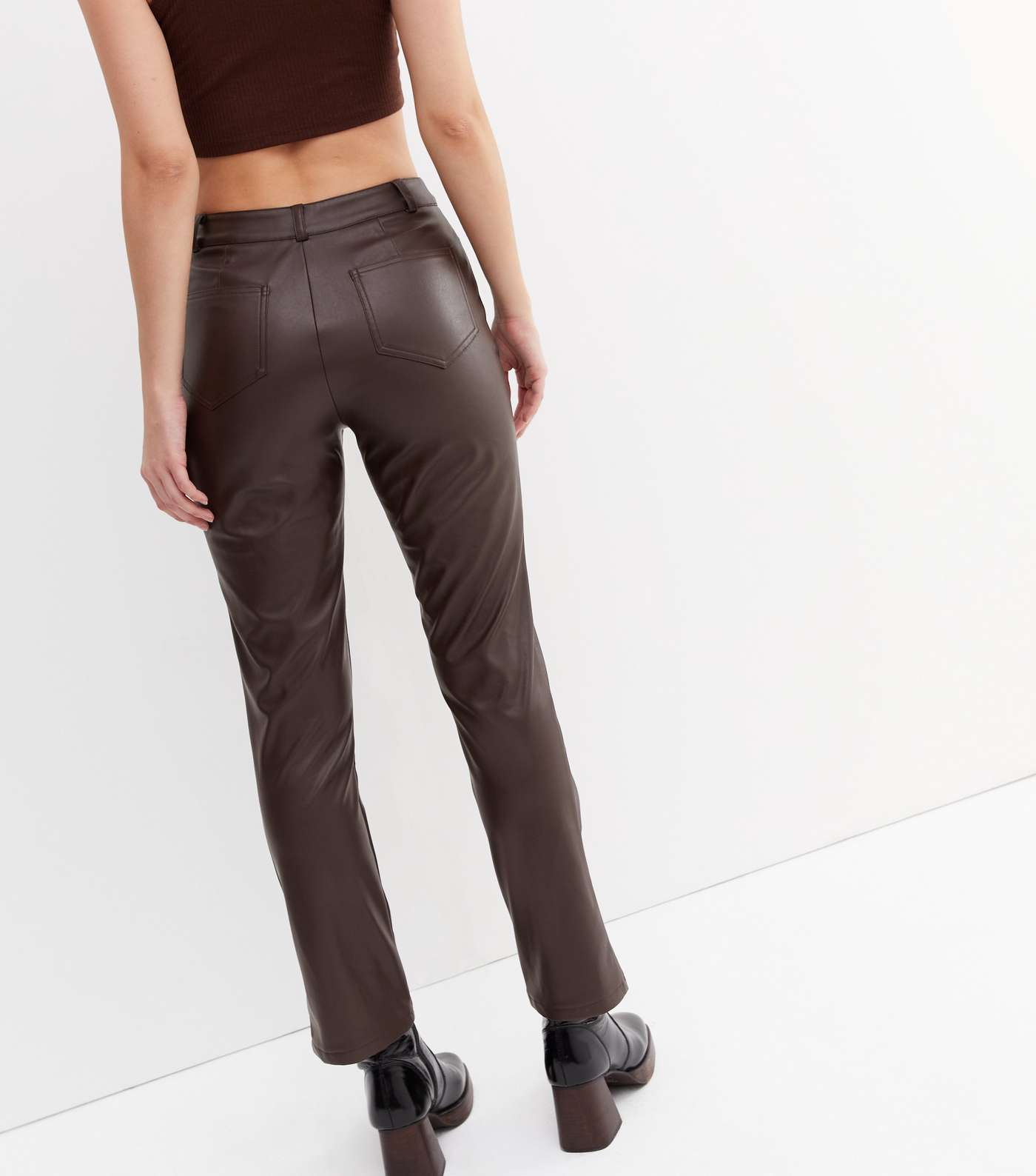 Dark Brown Leather-Look Trousers Image 4