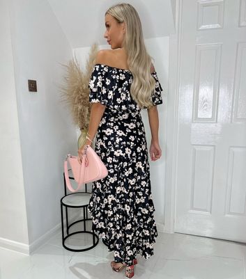 Black floral bardot dress sale