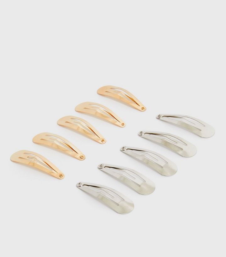 10 Pack Gold and Silver Snap Hair Clips | New Look 10 Pack Gold and Silver Snap Hair Clips | New Look