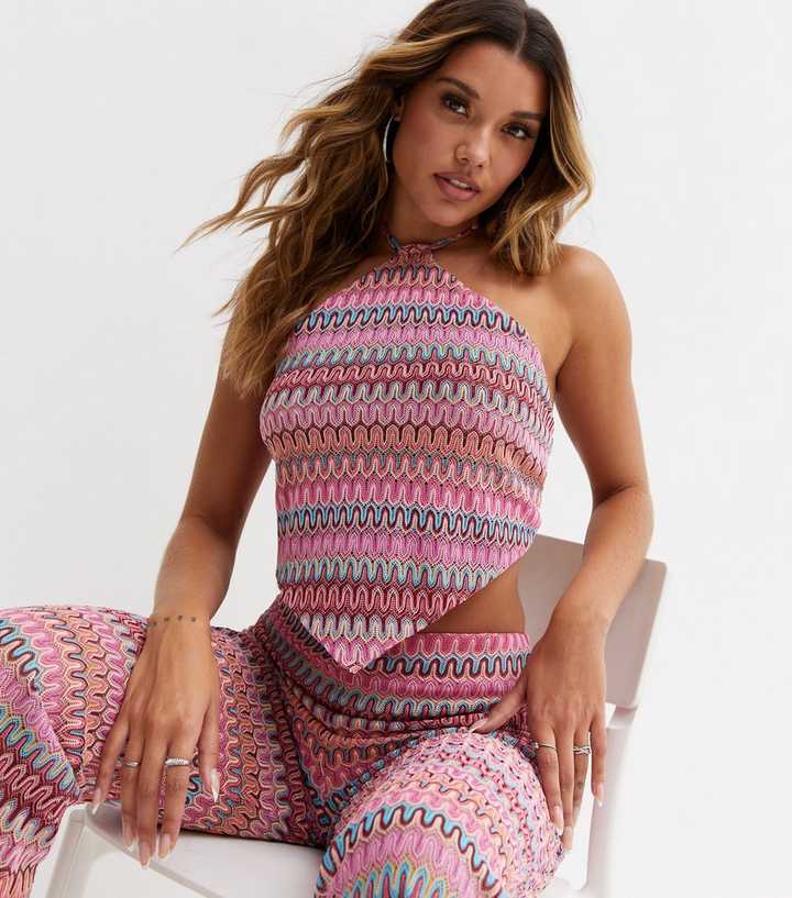 Pink Zig Zag Crochet Hanky Hem Halter Crop Top