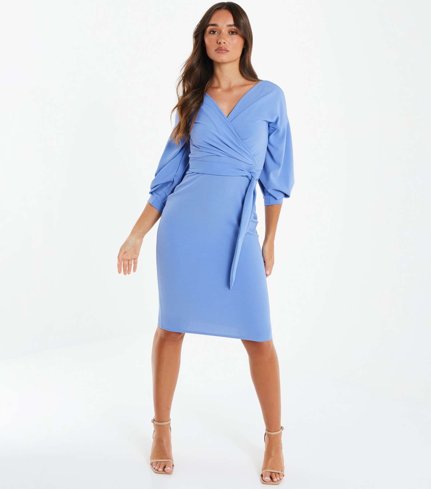 QUIZ Pale Blue Puff Sleeve Midi Wrap Dress Image 2