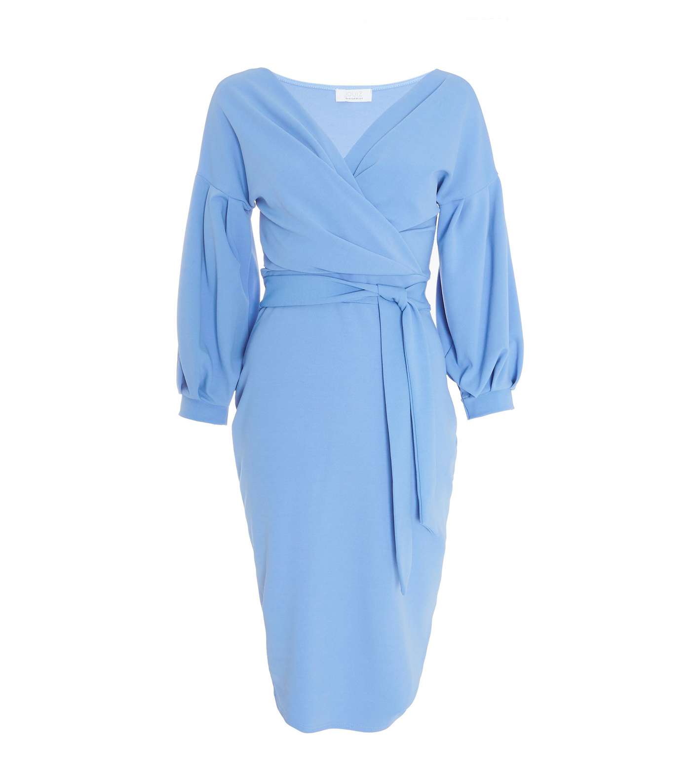 QUIZ Pale Blue Puff Sleeve Midi Wrap Dress Image 4