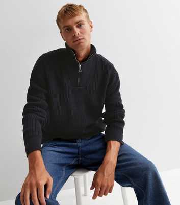 Navy Relaxed Fit Zip Neck Fisherman Jumper
