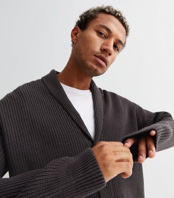 Dark Grey Ribbed Knit Shawl Neck Cardigan New Look