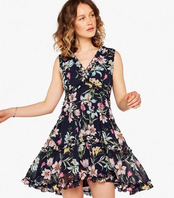 Apricot Navy Floral Ruffle Sleeveless Mini Dress New Look