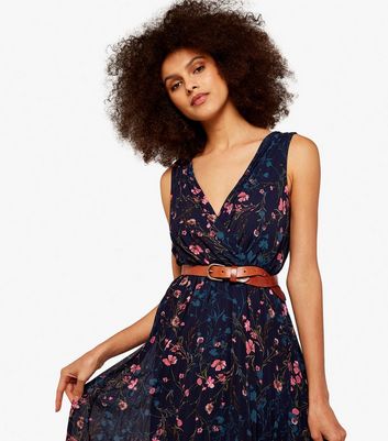 Apricot Navy Floral Pleated Midaxi Wrap Dress New Look