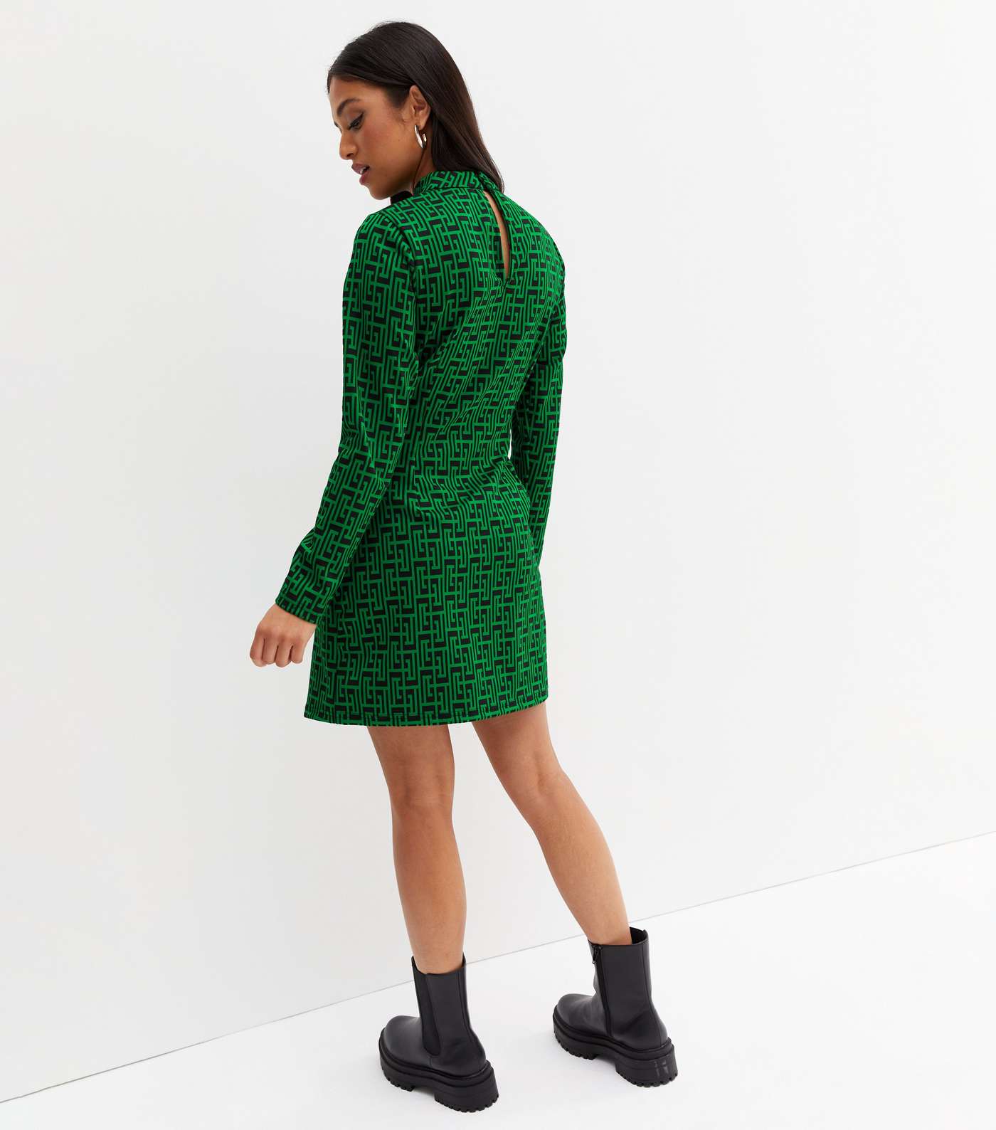Petite Green Jacquard Geometric High Neck Mini Dress Image 4