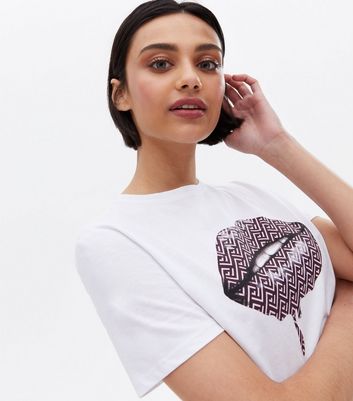 White Geometric Lips T Shirt New Look