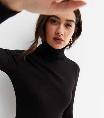 Black Ribbed Long Sleeve Roll Neck Top