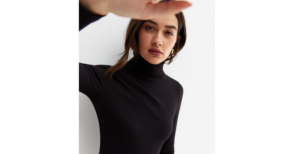 Black Ribbed Long Sleeve Roll Neck Top | New Look