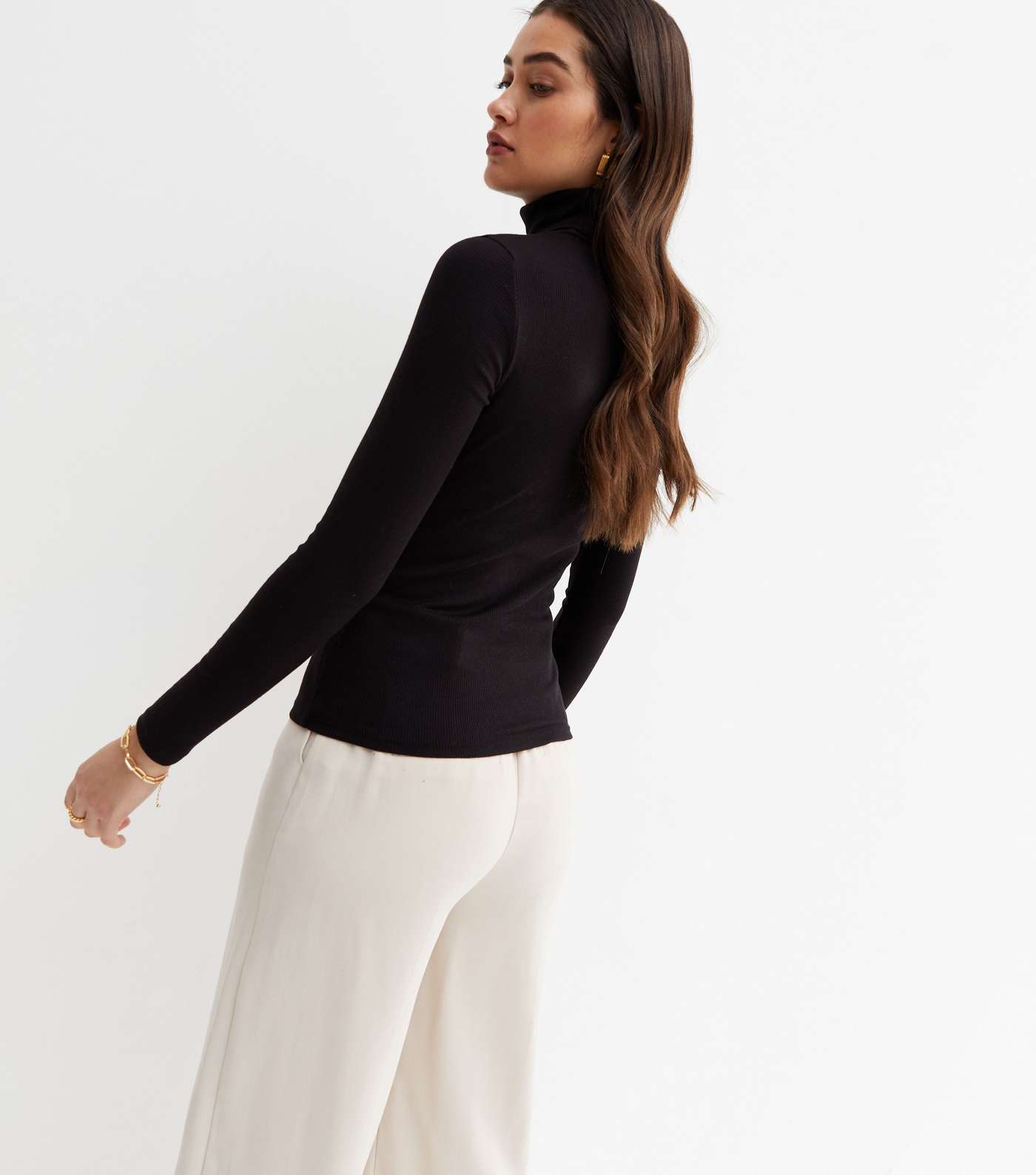 Black Ribbed Long Sleeve Roll Neck Top Image 4
