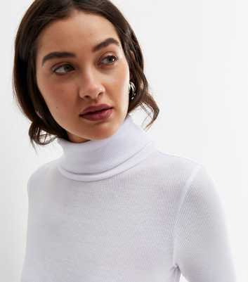 White Ribbed Long Sleeve Roll Neck Top