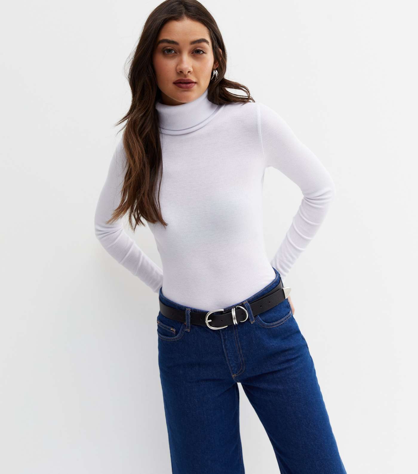 White Ribbed Long Sleeve Roll Neck Top Image 2