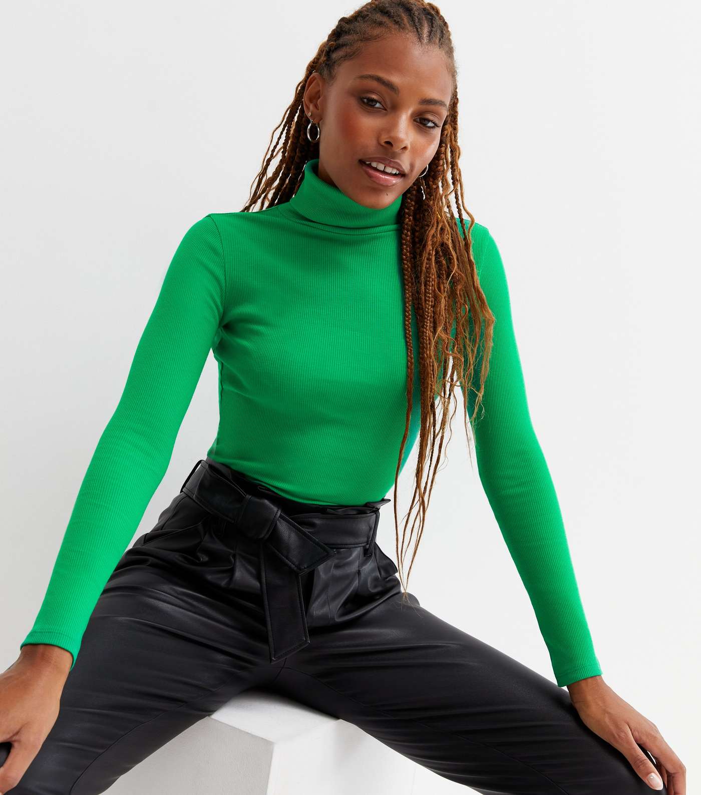 Green Ribbed Long Sleeve Roll Neck Top Image 2