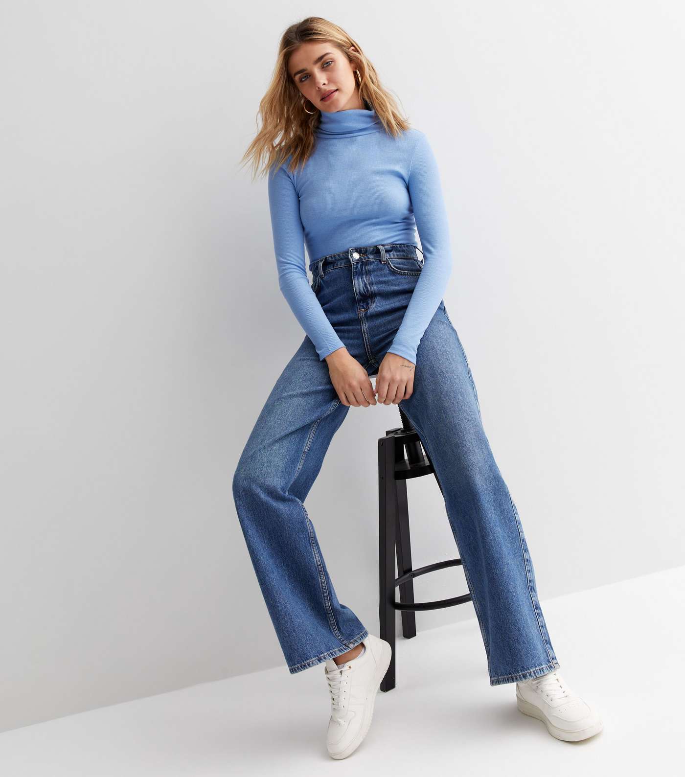 Pale Blue Ribbed Long Sleeve Roll Neck Top Image 3