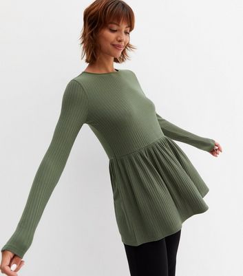 Khaki Ribbed Long Sleeve Peplum Top | New Look