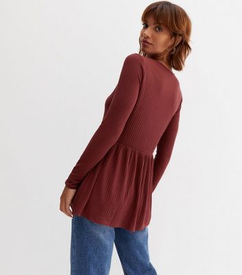 Burgundy Ribbed Long Sleeve Peplum Top | New Look