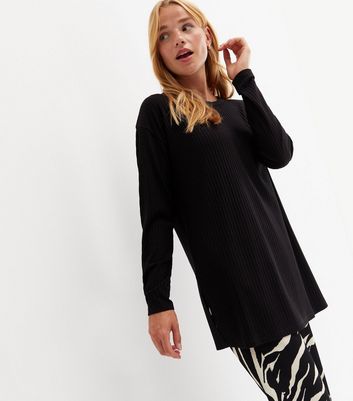 Black Ribbed Long Split Hem Long Sleeve Top | New Look