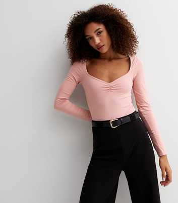 Pink Sweetheart Neck Long Sleeve Bodysuit